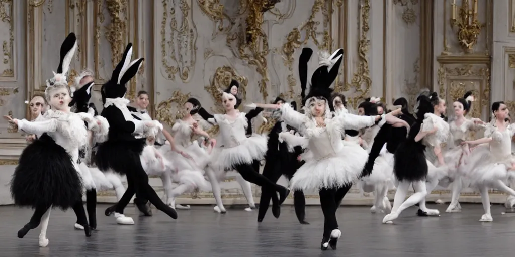 Image similar to a bunny balerina dancing the black swan on the stage of the opera garnier