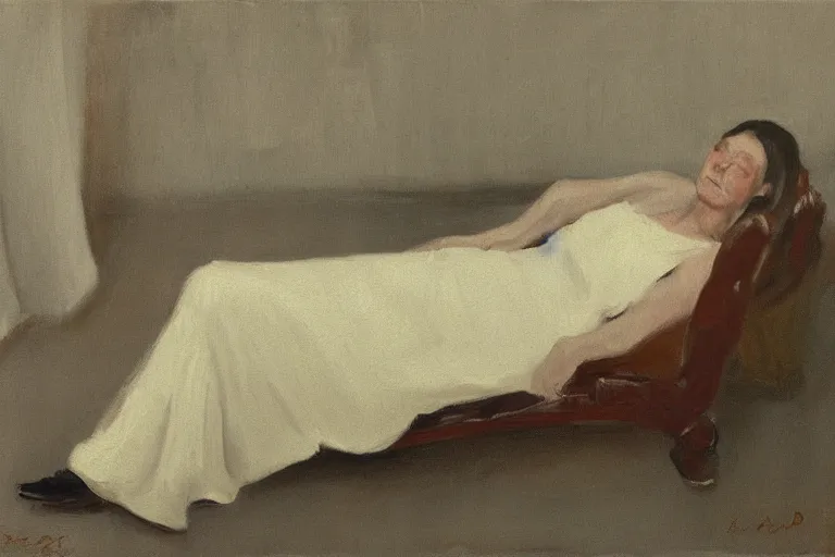 Image similar to Full body reclined portrait painting at dawn Tonalism