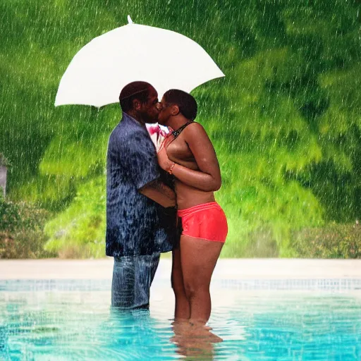 Prompt: african american man and blonde white woman kissing in the rain at a pool. digital art