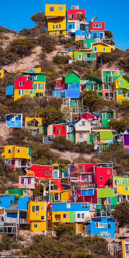 Image similar to a vertical building made up of various colourful makeshift squatter shacks, sony a 7 r 3, f 2 2, fully frontal view, photographed by ansel adams, gursky, jeanette hagglund, ultra detailed,