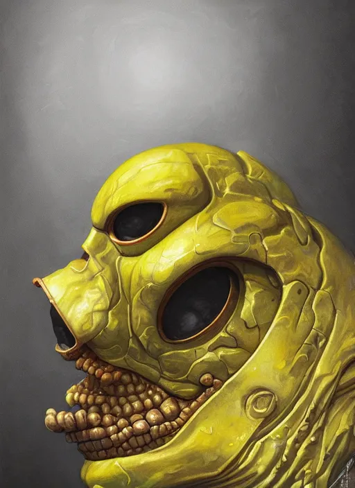 Prompt: marble homer simpson mf doom reptile eyes, polished yellow skin, centered, digital painting, artstation, concept art, smooth, sharp focus, illustration, artgerm, tomasz alen kopera, peter mohrbacher, donato giancola, joseph christian leyendecker, wlop, frank frazetta