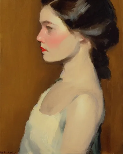 Prompt: portrait of a young girl in profile, painting by malcolm liepke