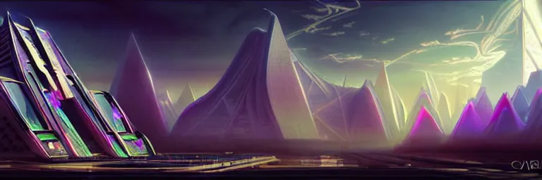 Image similar to a sprawling cybernetic temple, a large hi - tech city, and a river surrounded by fractal mountains, volumetric clouds, cybernetic faces, vaporwave aesthetic, colorful, psychedelic, digital painting, artstation, concept art, smooth, sharp focus, illustration, art by artgerm and greg rutkowski and alphonse mucha