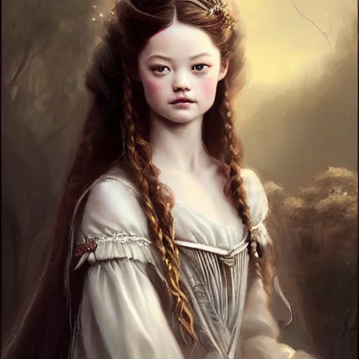 Prompt: beautiful & striking Mackenzie Foy as a 1700s princess by Artgerm and Greg Rutkowski, intricate, elegant, highly detailed, digital painting, artstation, concept art, moody, sharp focus, illustration,