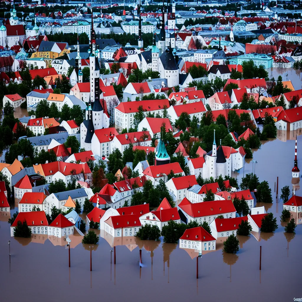 Image similar to Tallinn, capital of estonia, suffering from floods from the sea due to climate change in the year 2100, street photography by Henri Cartier-Bresson, ultra detailed, 8k,