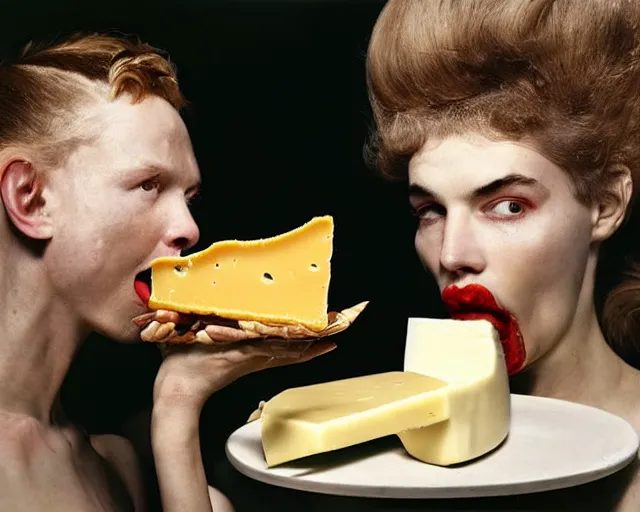 Prompt: incredible strange absurd closeup artwork of androids tasting cheese, finding it very weird but yet tasteful at the same time, weird tasting ritual of cheese products in the style of tim walker fashion photography, also some soft cheese