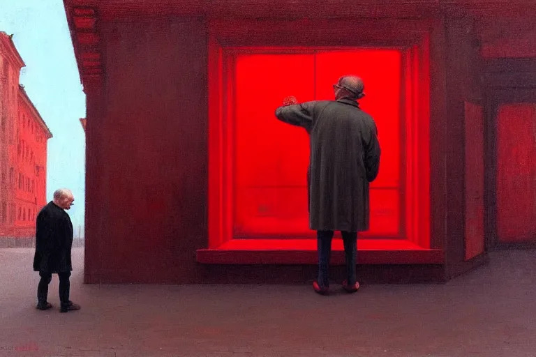 Image similar to only with red, a red old man try to sell a portrait, cheering crowd, in a old city square, in the style of beksinski, parts by edward hopper, parts by rodcenko, parts by yue minjun, intricate and epic composition, red by caravaggio, insanely quality, highly detailed, masterpiece, red light, artstation, 4 k