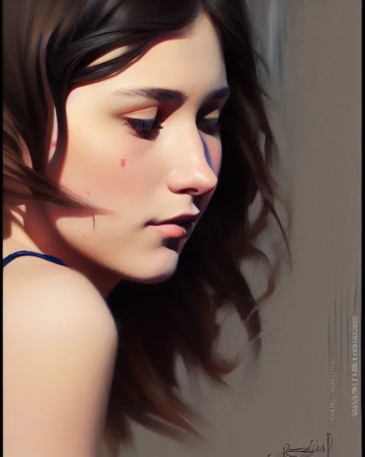 Image similar to stylized portrait of an artistic pose, composition, young brunette girl, realistic shaded, fine details, realistic shaded lighting poster by ilya kuvshinov, magali villeneuve, artgerm, jeremy lipkin and michael garmash and rob rey