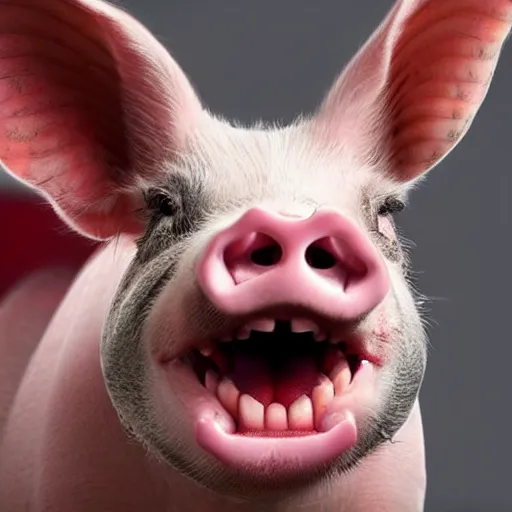 Prompt: attack of the vampire pig, pig with oversized canine teeth, photo of a red eyed pig jumping bare - toothed at the viewer