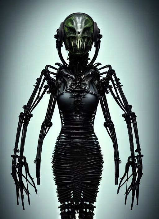 Image similar to gothic inflateble dark dress, perfect symmetrical body, helmet on face, full body shot, alien, plant predator, guyver, giger, wires, tubes, veins, jellyfish, white biomechanical details, wearing epic bionic cyborg implants, masterpiece, intricate, biopunk, vogue, highly detailed, artstation, concept art