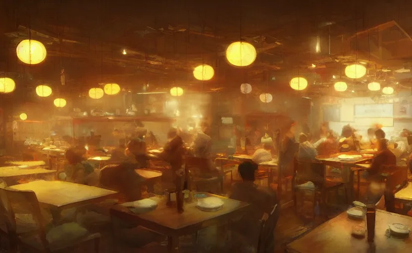 Image similar to a busy Japanese restaurant interior, painting by Craig Mullins, octane rendering, warm moody lighting, wide angle lens, low view, in the style of Pixar animation, trending on artstation,