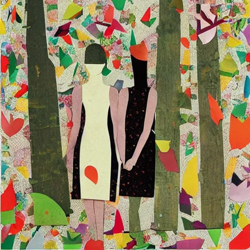 Prompt: paper collage art made of cut up magazines depicting two women holding hands in a forest during summer