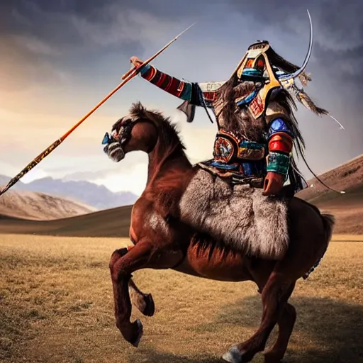 Image similar to mongolian warrior from ancient lands of taran shooting arrows from his horse, highly detailed, ultrawide lens, photography award of the year 2 0 2 0