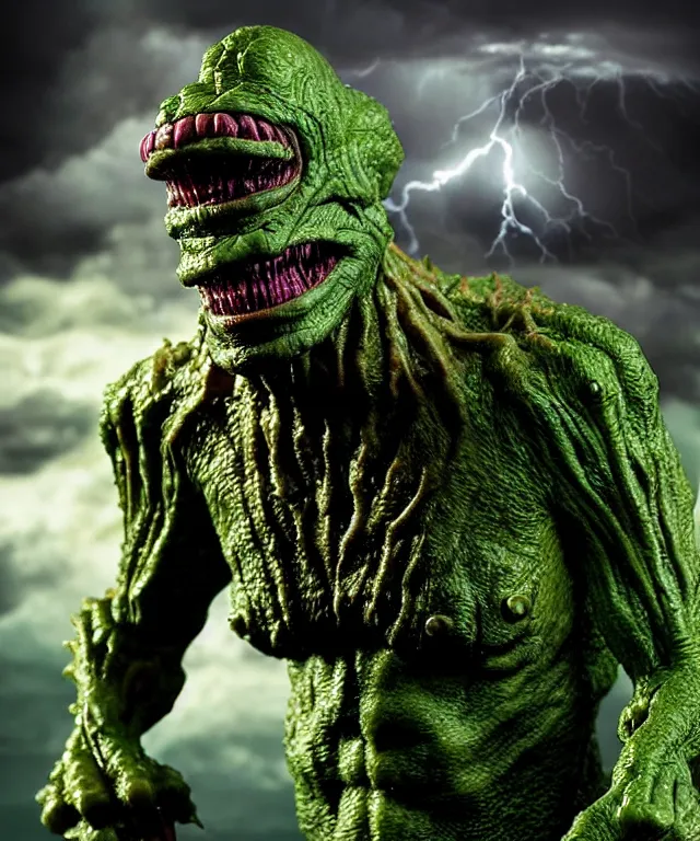 Image similar to hyperrealistic rendering, epic boss battle, cronenberg flesh monster creature from the black lagoon frankenstein, by art of skinner and richard corben, product photography, collectible action figure, sofubi, hottoys, storm clouds, outside, lightning