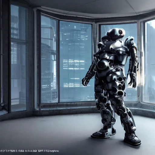 Prompt: Full lenght view contamporary art photography of ultra mega super hyper realistic warmachine by Hiromasa Ogura . Photo on Leica Q2 Camera, Rendered in VRAY and DaVinci Resolve and MAXWELL and LUMION 3D, Volumetric natural light. Wearing cyberpunk suit with many details by Hiromasa Ogura .Rendered in VRAY and DaVinci Resolve and MAXWELL and LUMION 3D, Volumetric natural light