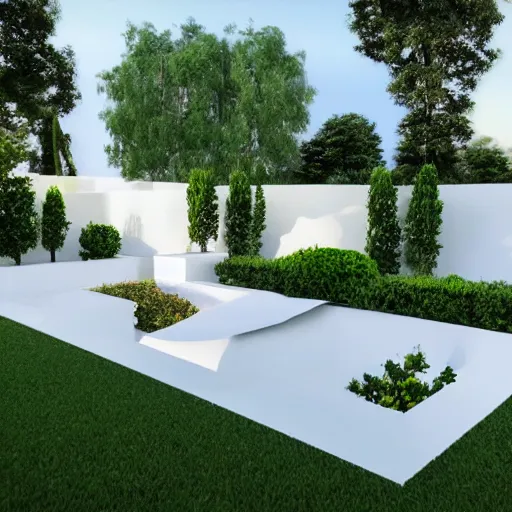 Image similar to a beautiful garden, modern minimal design, white color scheme, vivid lighting, sunset, photorealist, 4 k