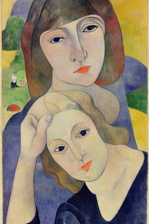 Image similar to blond hair woman with grey eyes and bob haircut drawn by paul gauguin