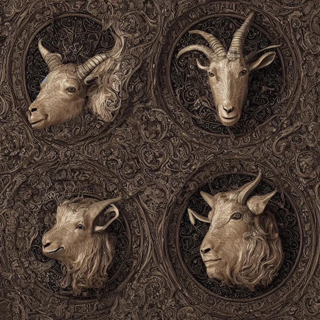 Prompt: beautiful ceremonial bilaterally symmetrical goat mask, classical ornamental design, fibonacci flow, acroteria, encarpus, shield emblem, large medium and small elements, by russ abbott, albrecht durer, artgerm, rutkowski, professional product photo, rendered in octane, 8 k