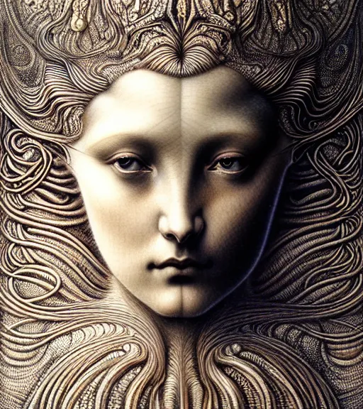 Image similar to detailed realistic beautiful goddess face portrait by jean delville, gustave dore, iris van herpen and marco mazzoni, art forms of nature by ernst haeckel, art nouveau, symbolist, visionary, gothic, neo - gothic, pre - raphaelite, fractal lace, intricate alien botanicals, ai biodiversity, surreality, hyperdetailed ultrasharp octane render