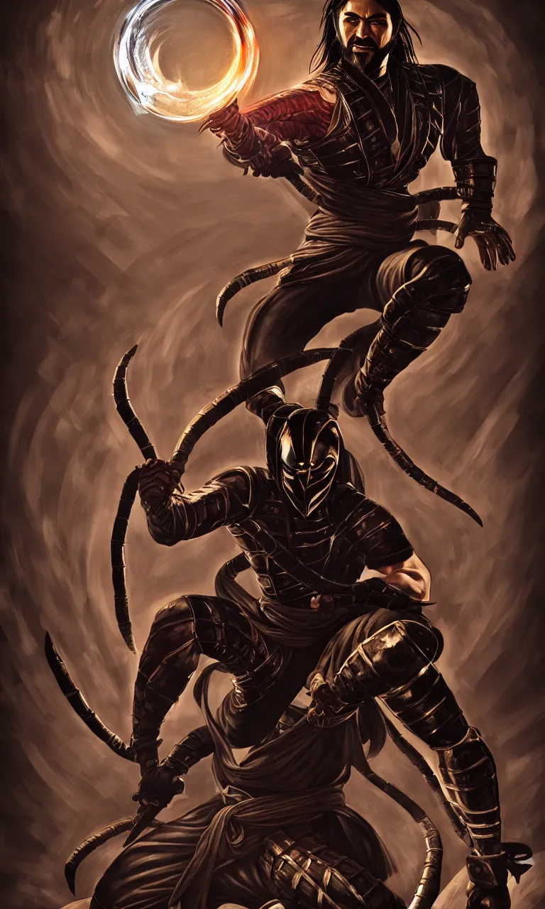 Image similar to portrait of hanzo hasashi scorpion from mortal kombat in the gates of a portal, full body shot, camera pulled back far, highly detailed dramatic lighting, artstation, atmospheric perspective, artgerm, mk ninja, epic ninja suit, intense contrast, 3 light sources, by lee bermejo, alphonse mucha and greg rutkowski