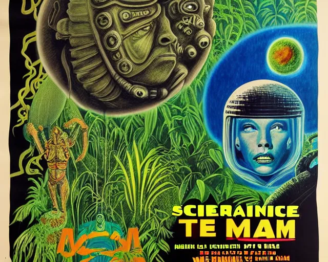 Prompt: 1968 science fiction movie poster, cut out, classic mayan mythology, break of dawn on Venus, epic theater, deep jungle creatures, aquatic plants, drawings in style of Terry Gilliam, composition William S Boroughs, written by Michael Ende