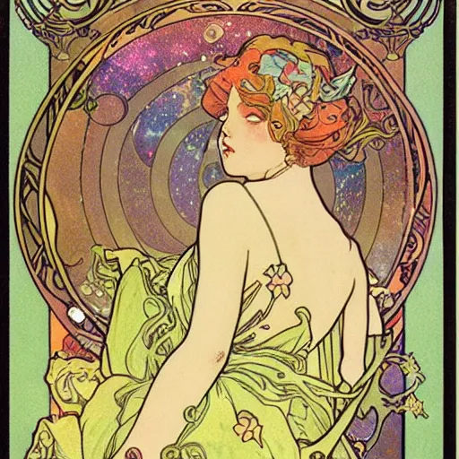 Prompt: princess fairy creating galaxies, art nouveau by Mucha, beautiful detailed illustration