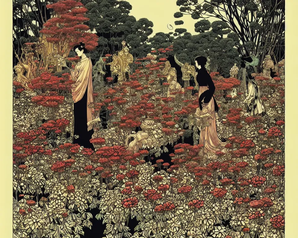 Prompt: garden of eternal delights by yuko shimizu and malczewski