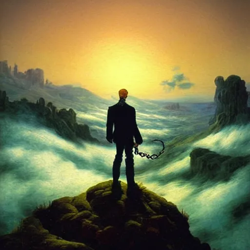 Prompt: wanderer above the sea of fog, but with ghost rider style of caspar david friedrich