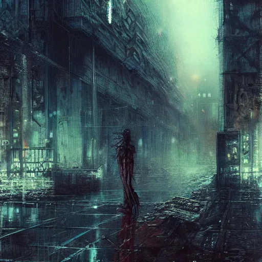 Image similar to lost and alone in a cyberpunk noir city by gustave dore and gustave moreau and beksinski and giger and craig mullins and jeremy mann