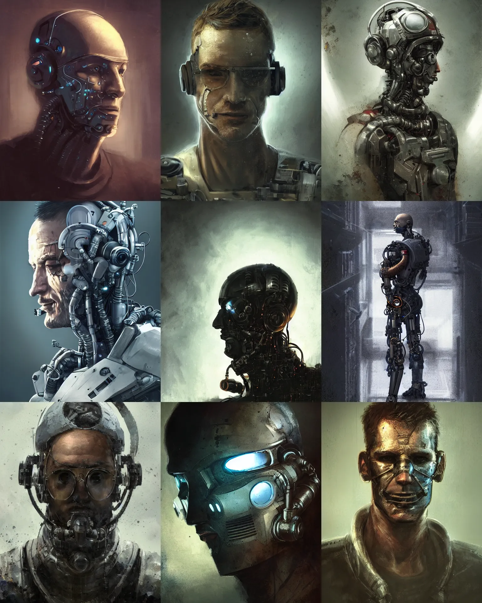Prompt: a half - masked rugged laboratory engineer man with cybernetic enhancements as seen from a distance, small scifi character portrait by greg rutkowski, esuthio, craig mullins, 1 / 4 headshot, cinematic lighting, dystopian scifi gear, gloomy, profile picture, mechanical, cyborg, half robot, implants, dieselpunk