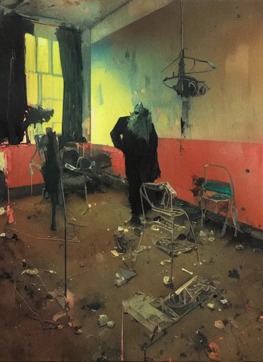 Prompt: two dark figures laughing inside a decayed Romanian motel room with large surgical machine in the middle, in the style of Adrian ghenie, and Francis bacon, part by Gerhard Richter, part Edward Hopper and part Norman Rockwell, highly detailed, very coherent, rich colours