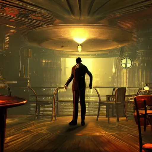 Image similar to In the world of rapture from the world of bioshock you are in a bar, there is a window that lets you see the whole city underwater and you are drinking a rum and coke