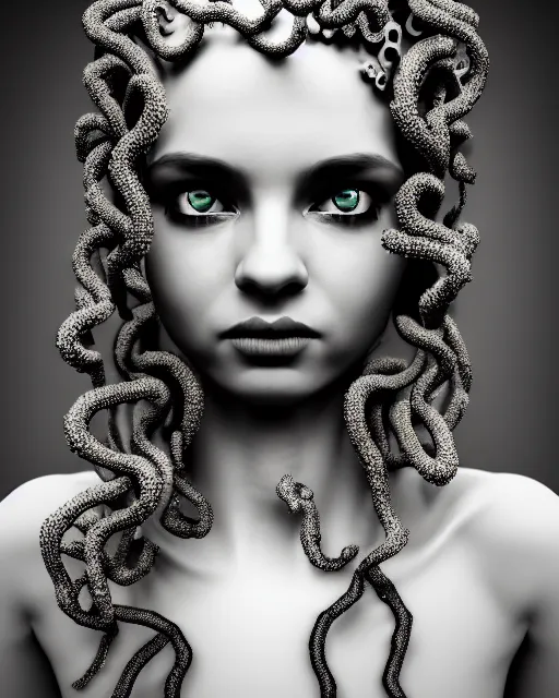 Image similar to surreal mythical dreamy artistic black and white fine art photo of a beautiful young female queen - medusa - cyborg covered with lace fish scales and translucent algae, highly detailed, intricate crystal ivy lace jelly fish scales ornate, poetic, octane render, 8 k, photo - realistic