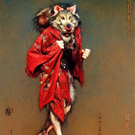 Image similar to a male ratwolfman rat wolf man in a red kimono furry arms furry body walking stick new york. furaffinity furry art detailed face painting by gaston bussiere craig mullins jc leyendecker gustav klimt artgerm greg rutkowski furry