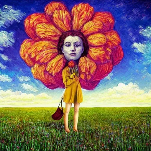 Image similar to giant flower head, frontal, woman standing in field, surreal photography, colorful clouds, impressionist painting, digital painting, artstation, rob gonsalves