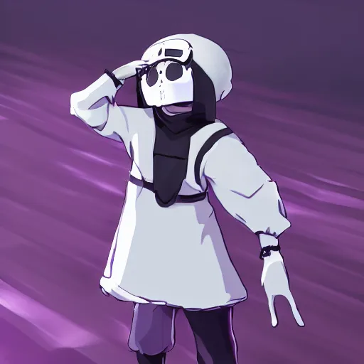 Image similar to cute little boy wearing an skull mask and dressed in an nun outfit, purple color palette, inspired in made in abyss and hirohiko araki, ray tracing, featured in pixiv