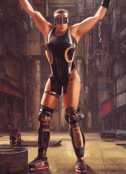 Prompt: buff cyberpunk olympic weightlifter with robotic arms wearing a jumpsuit ( blade runner 2 0 4 9, cyberpunk 2 0 7 7 ). orientalist portrait by john william waterhouse and james gurney and theodore ralli and nasreddine dinet, oil on canvas. cinematic, hyper realism, realistic proportions, dramatic lighting, high detail 4 k