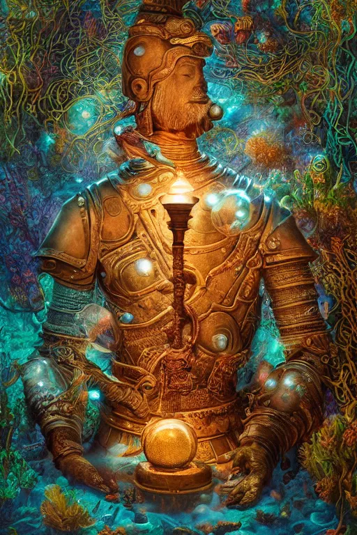 Prompt: a stunning ultra detailed underwater fantasy fine art photo of a granite statue of a terracotta warrior holding a glowing lamp, surrounded by colorful fishes, by tomasz alen kopera and anna dittman, water bubbles, very detailed, deep depth of field, 5 0 mm lens, soft lighting, artstation, highly coherent, 8 k