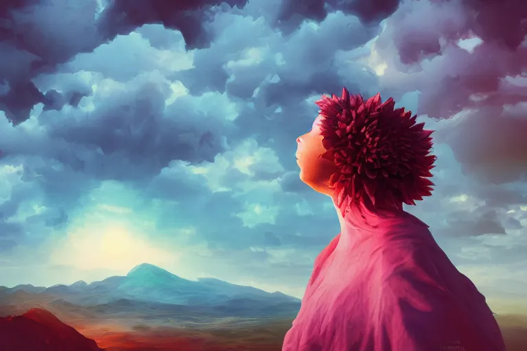 Image similar to face covered giant dahlia flower, girl on mountain, surreal photography, blue storm clouds, dramatic light, impressionist painting, digital painting, artstation, simon stalenhag