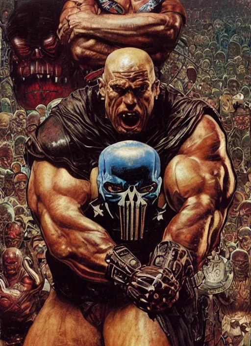 Image similar to portrait of super huge morgan aste as the punisher wearing shirt, by lawrence alma tadema and zdzislaw beksinski and norman rockwell and jack kirby and tom lovell and greg staples