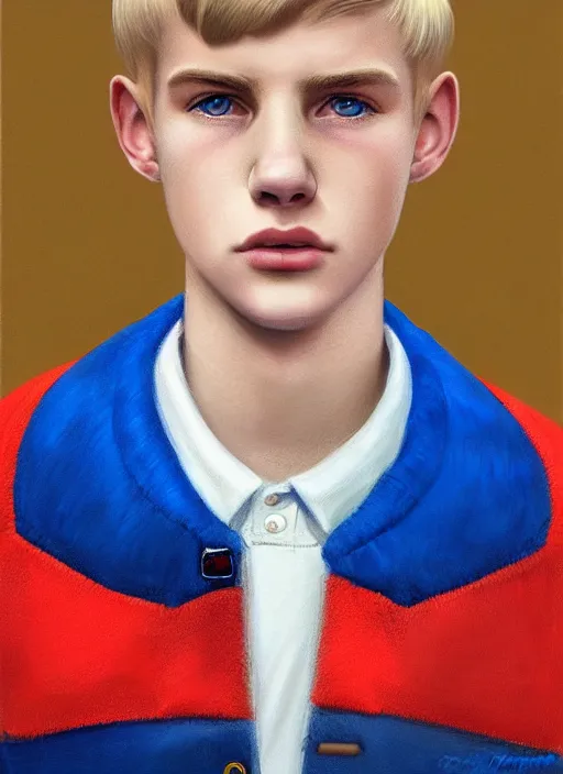 Image similar to portrait of a teenage boy named moose mason, blonde short hair, jock, beefy, square jaw, square facial structure, 1 9 5 0 s, blue varsity jacket, intricate, elegant, glowing lights, highly detailed, digital painting, artstation, concept art, smooth, sharp focus, illustration, art by wlop, mars ravelo and greg rutkowski