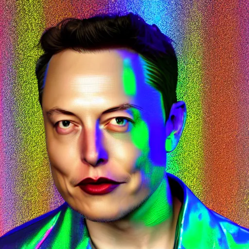 Image similar to 3d render of Elon Musk as a holographic human robotic head made of glossy iridescent, surrealistic 3d illustration of a human face non-binary, non binary model, 3d model human, cryengine, made of holographic texture, holographic material, holographic rainbow, concept of cyborg and artificial intelligence