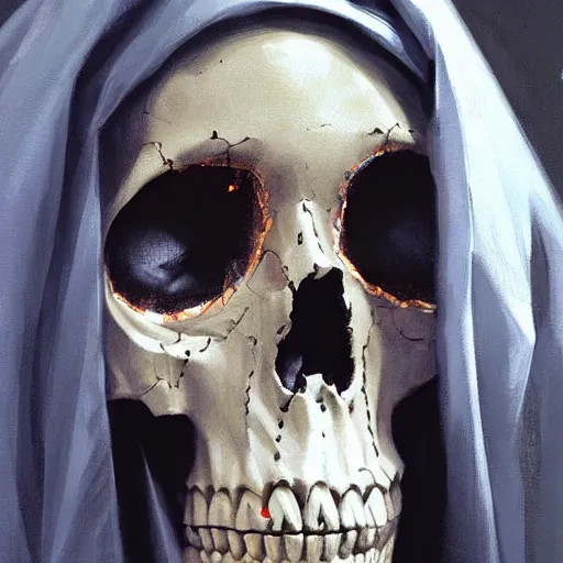 Image similar to painting of the virgin mary skull face by greg rutkowski and jc leyendecker