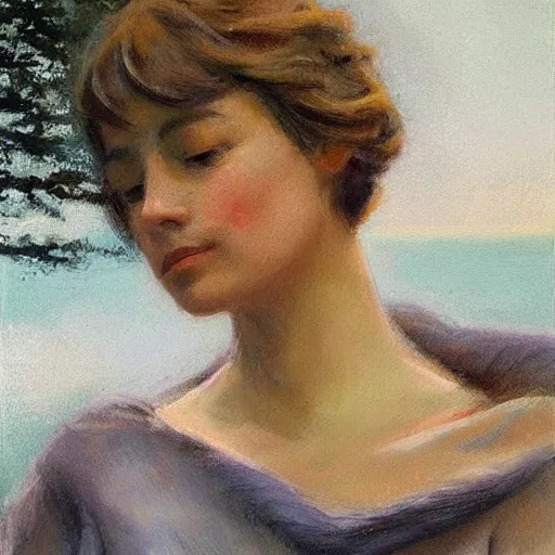 Image similar to A body art of a beautiful scene of nature. The colors are very soft and muted, and the overall effect is one of serenity and peace. The composition is well balanced, and the brushwork is delicate and precise. by Patricia Polacco, by Raymond Leech