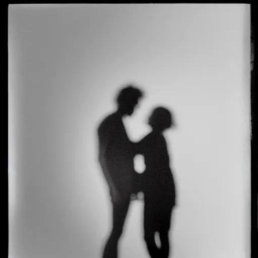 Prompt: monochromatic photo of two teens in an empty room, extremely blurry, ghostly haze, free lens, polaroid border, vignette and silhouette