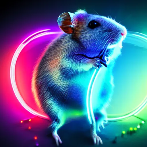 Image similar to cyberpunk hamster! holding rainbow! gem! crystal, neon lights, light reflection, 8 k, hd