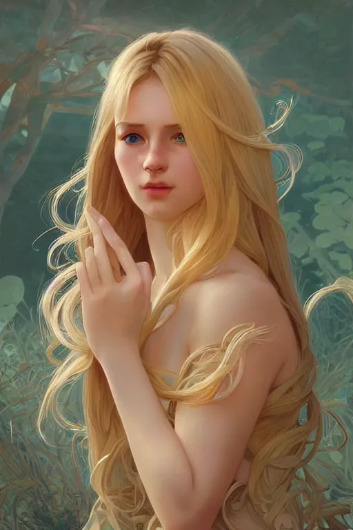 Prompt: a beautiful blond goddess girl, fantasy, portrait, sharp focus, intricate, elegant, digital painting, artstation, matte, highly detailed, concept art, illustration, ambient lighting, art by ilya kuvshinov, artgerm, Alphonse mucha, and Greg Rutkowski