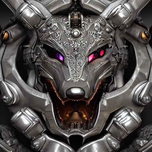 Image similar to A cyberpunk ornate wolf made of engraved full plate armor and gears, Macro shot by Justin Gerard, unreal engine, physically based rendering