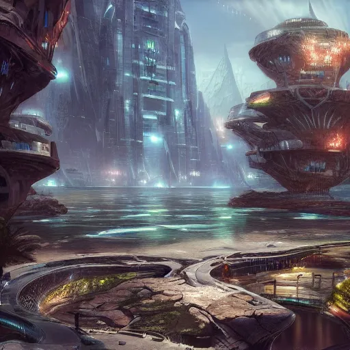 Prompt: a futuristic city surrounded by water and rocks, a detailed matte painting by Stephan Martinière, cgsociety, fantasy art, matte painting, unreal engine 5, unreal engine
