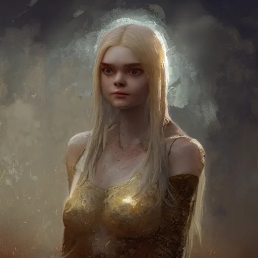 Image similar to Elle Fanning in the painted world of Dark Souls, head and shoulders masterpiece, apocalypse, golden hour, cosmic horror, artstation, in the style of Craig Mullins, extremely detailed